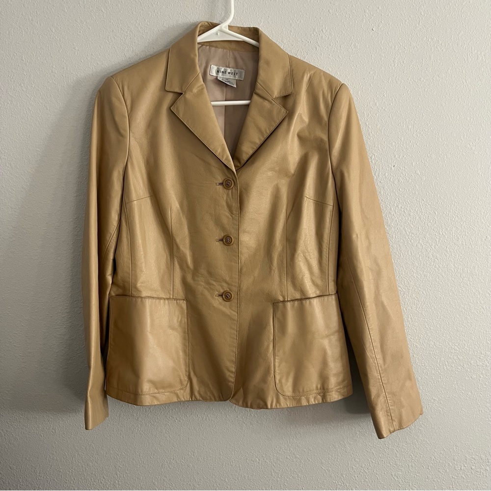 Vintage Nine West 100% Leather Tan Blazer Jacket Size 10